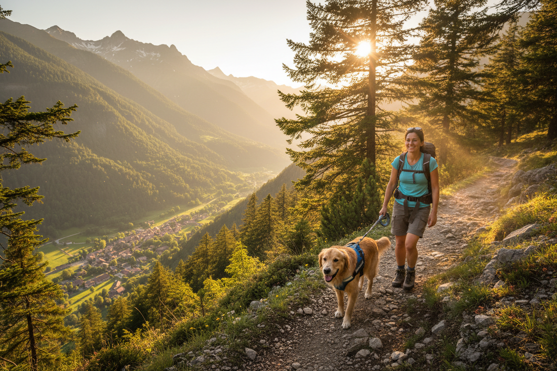 Chien en randonnée en pleine nature avec son maître, harnais de randonnée et sentier boisé