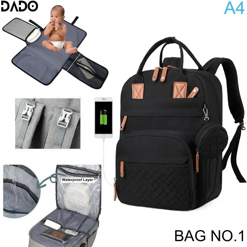 Sac à dos langer DADO noir – design mixte moderne maman papa couleur unie sans produits chimiques