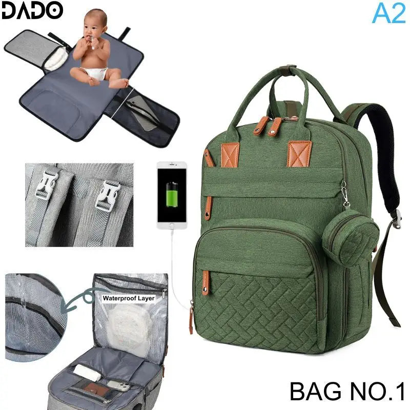 Sac à dos langer DADO vert – voyage famille parc balade essentiels bébé organisés compacts
