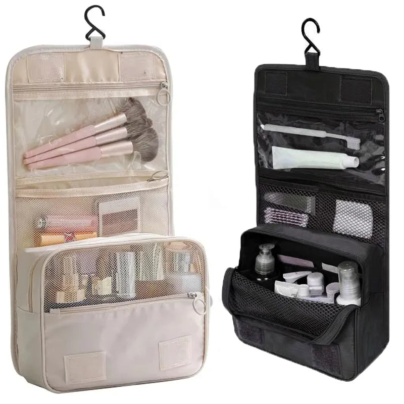 Trousse toilette suspendue voyage – gamme noir et ivoire tissu Oxford imperméable crochet intégré