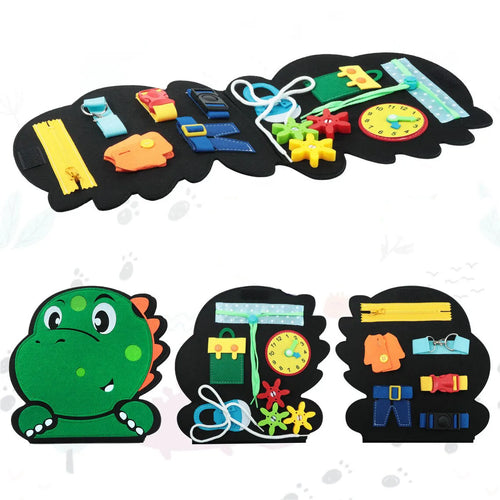 Busy Book BizyKoady thème dinosaures – 1 livre sensoriel feutrine fermetures boutons lacets