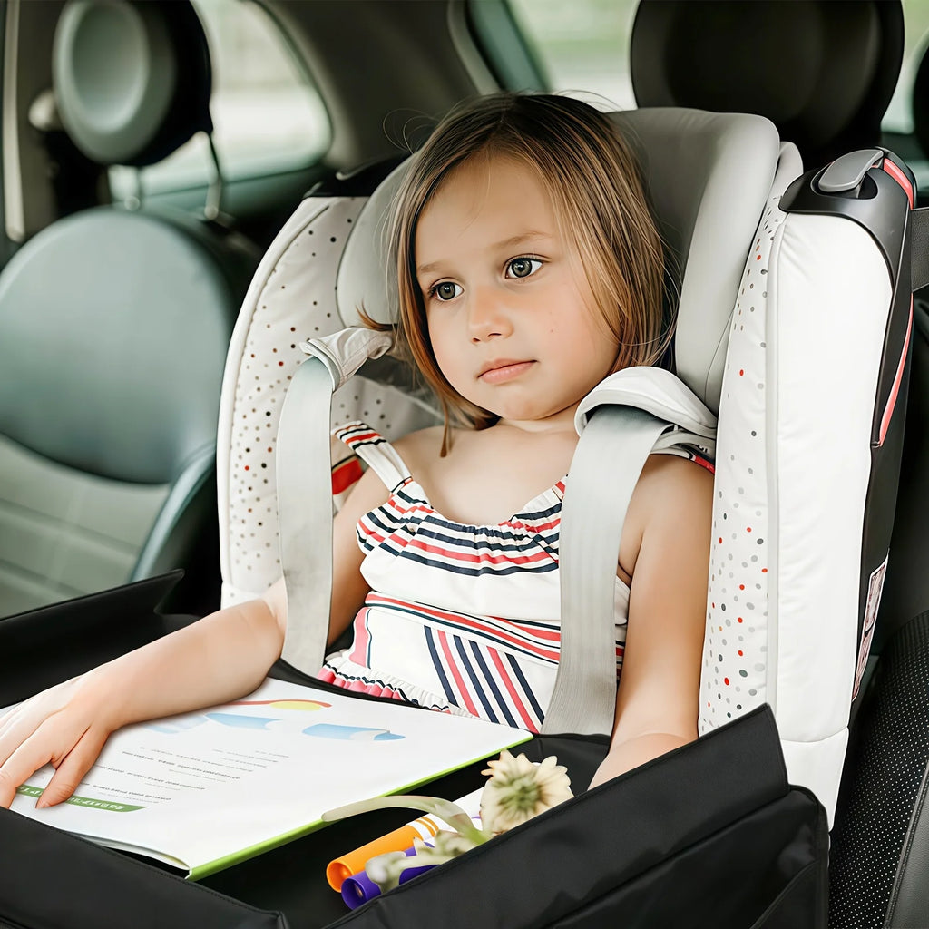 Tablette voyage enfant multi-poches – compartiments maille feutres livres gourdes jouets collations