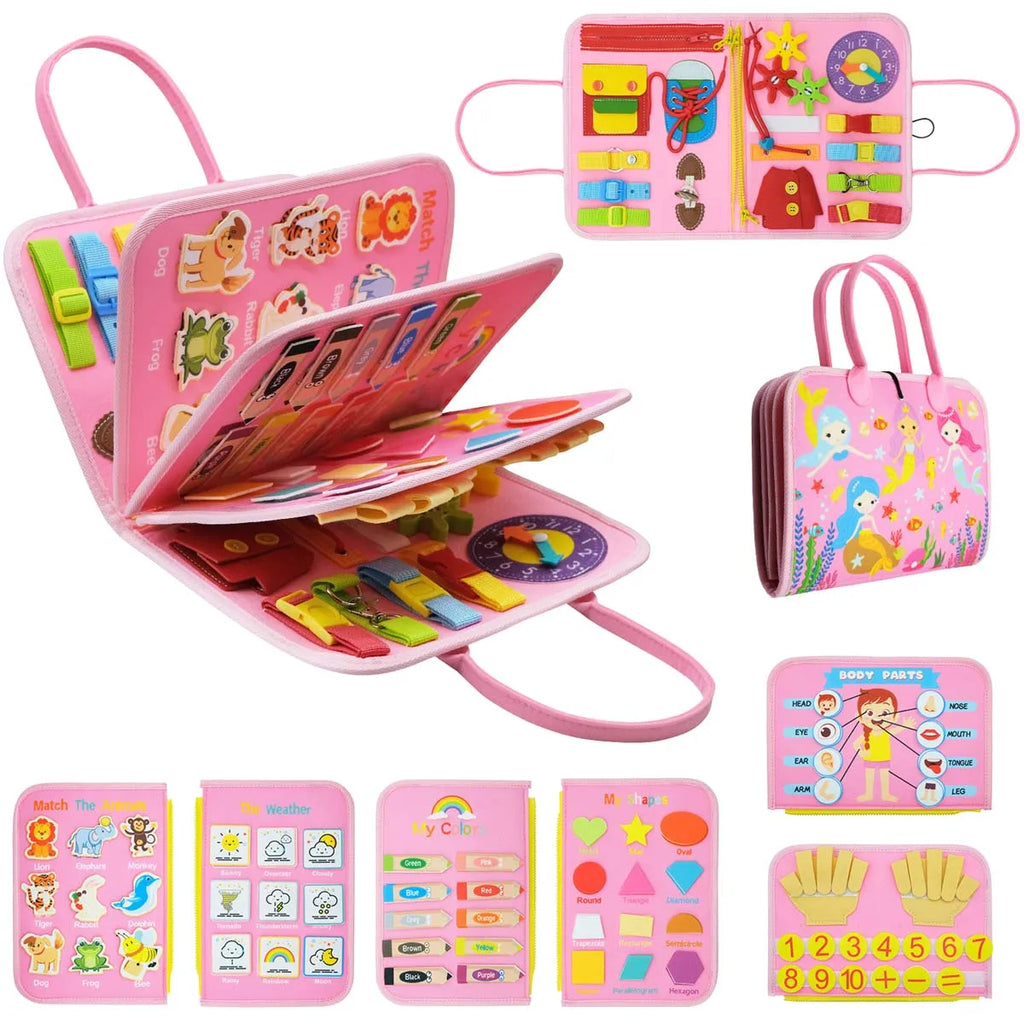Busy Book BizyKoady animaux nature rose – 2 livres sensoriels couleurs chiffres puzzles horloge