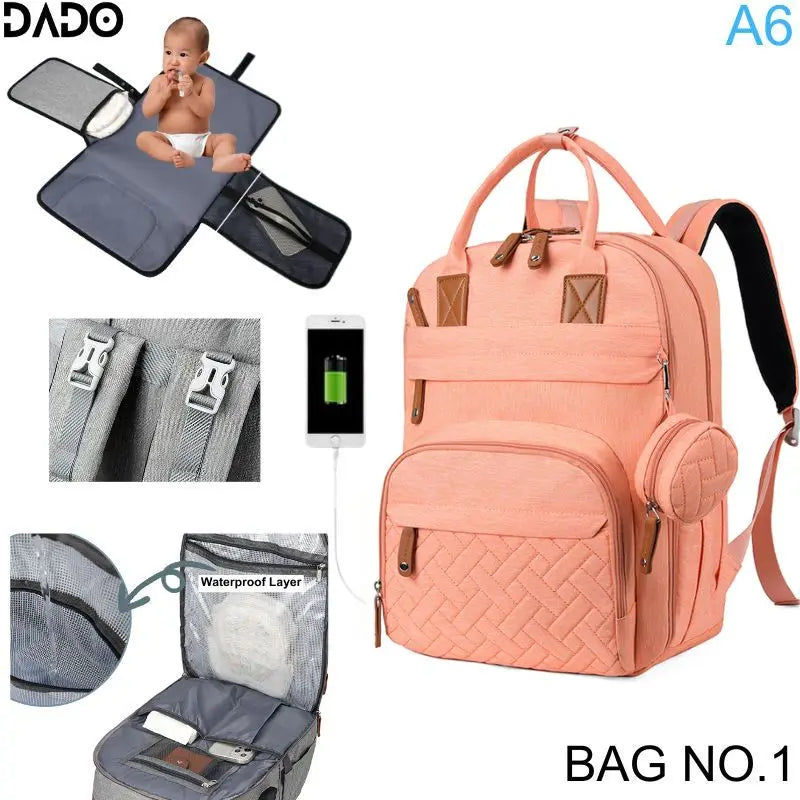 Sac à dos langer DADO rose – mode sac à main poignée supérieure ergonomique 3-en-1