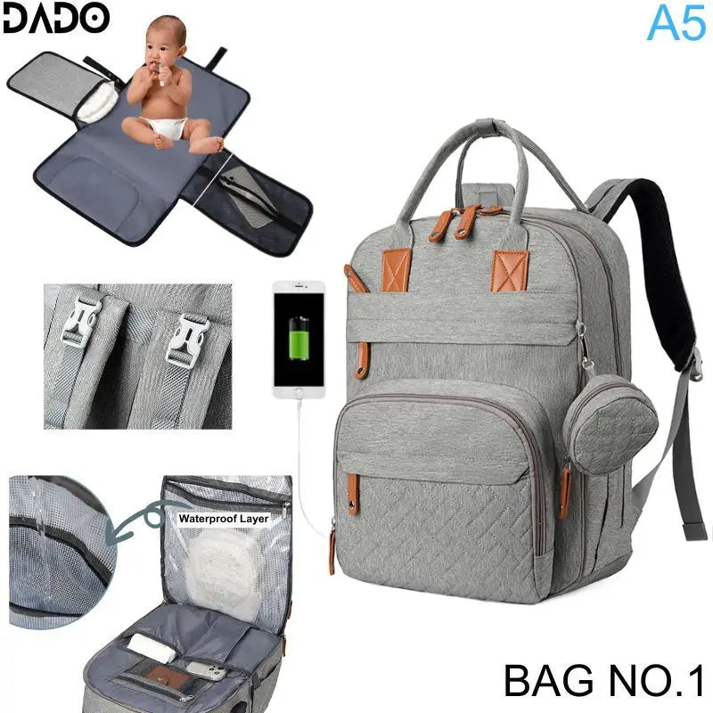 Sac à dos langer DADO gris – bretelles rembourrées panneau dorsal respirant anti-mal de dos