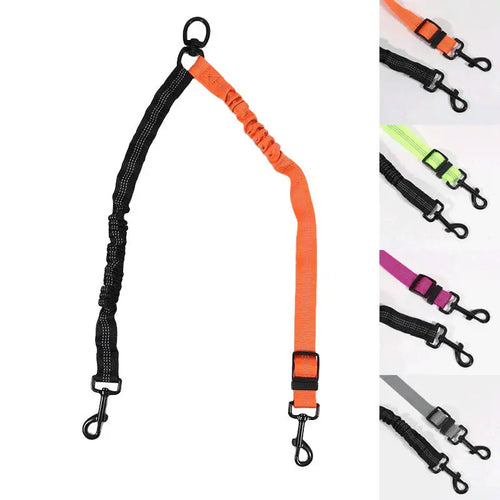 Accouple laisse double 2 chiens – gamme 4 coloris vert fluo rose gris orange nylon Bungee
