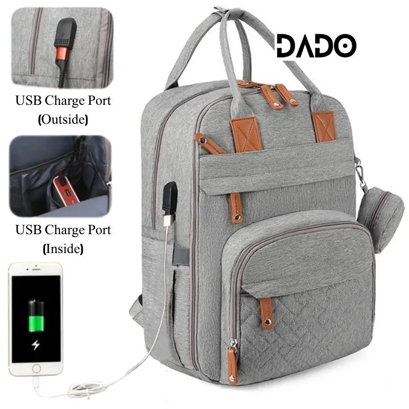 Sac langer DADO ouvert – 2 compartiments principaux poche lingettes mousqueton clés organisation